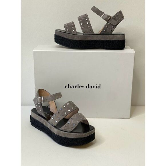 Charles David $219 Madeira Espadrille Platform Sandals 5.5 Black Gray Women's - Picture 2 of 9